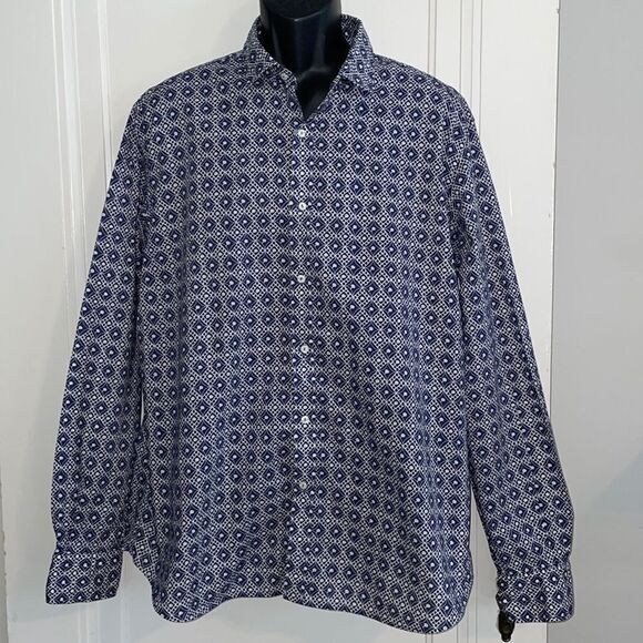 Massimo Dutti blue & white patterned cotton long sleeve shirt - Picture 1 of 9